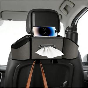 Car Backseat Organizer, 7-in-1 Auto Seat Back Drink Cup Holder Organizer with Tissue Box & Hooks, Multifunctional Vehicle Headrest Storage Box for Hold Phone Snacks Drinks (Gray)