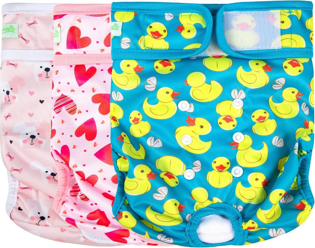 wegreeco Washable Female Dog Diapers Highly Absorbent Reusable Diapers for Dog in Heat Period, 3 Pack (Yellow Ducks, X-Large)