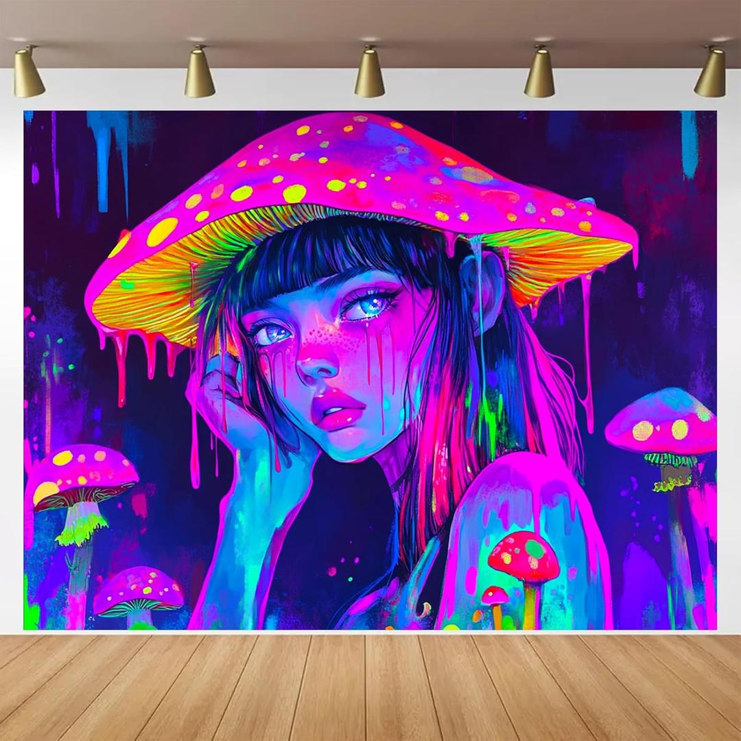 BlissYard Anime Characters Blacklight Tapestry Banner 79x59 Inch Neon Tapestry Psychedelic Alien Bong Cosmic Mushroom Black Light Tapestries Bohemian Spiritual Galaxy Decor Wall Glow In The Dark Hanging Trippy