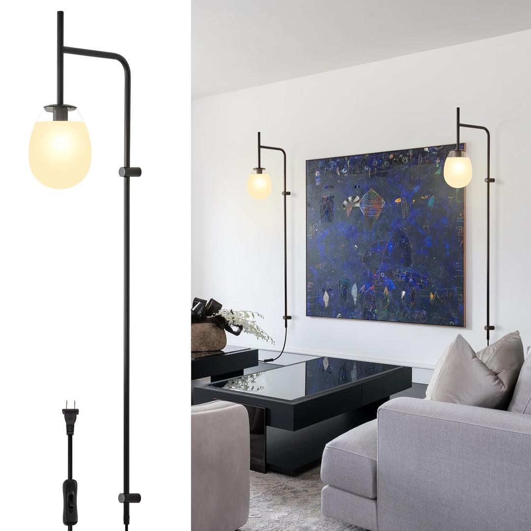 Plug in Wall Sconce Indoor Orbicular Frosted Glass Cover Wall Lamp, LED Wall Light with Plug in Switch E12 Base for Living Room Bedroom, Hallway, 1PCS
