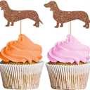 Dachshund Cupcake Toppers, Puppy Pet Cupcake Toppers, Dog Birthday Cupcake Picks, Dachshund Pet Themed Party Decoration - Brown Glitter