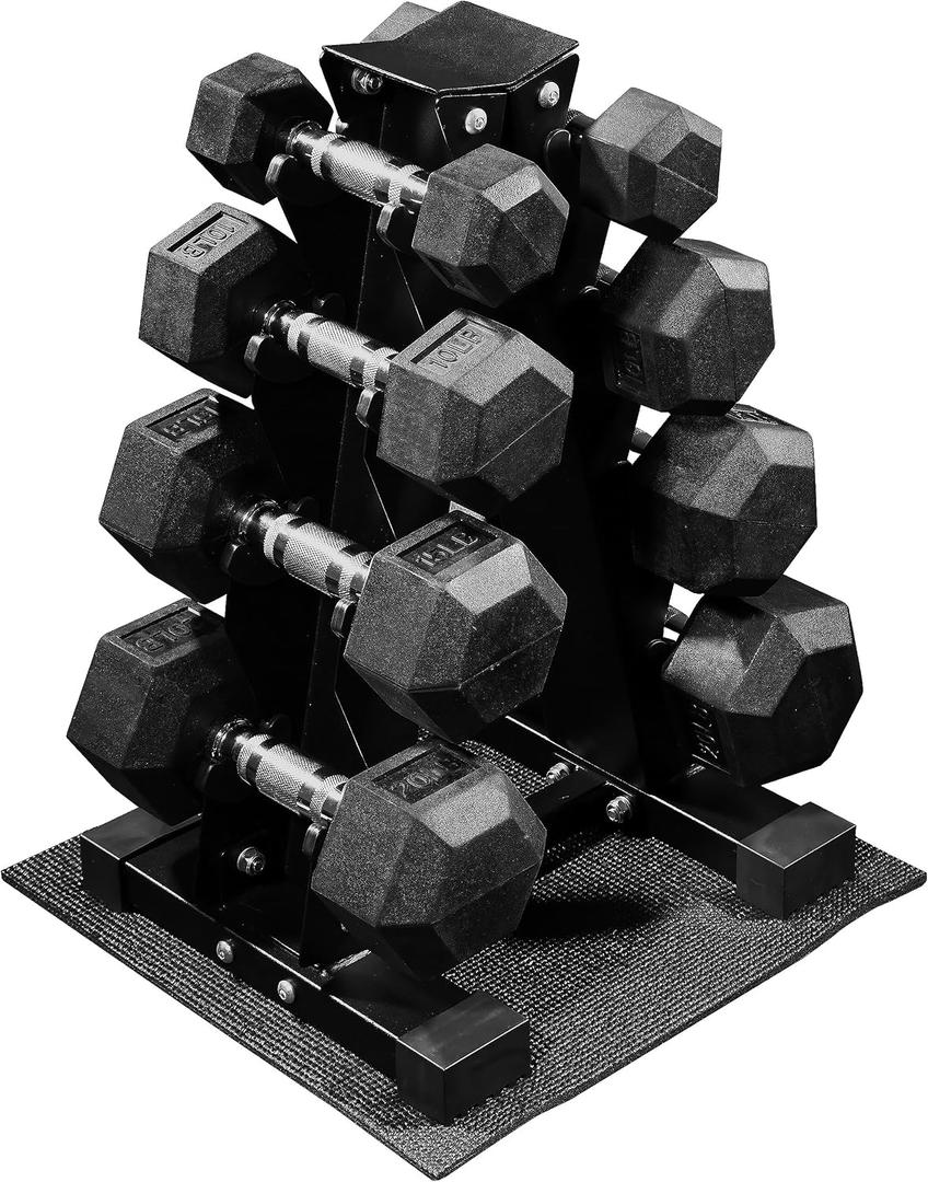 Fitvids 100LB Rubber Coated Hex Dumbbell Weight Set and Storage Rack 5-20 lbs Pairs 100LB Set with A-Rack Black