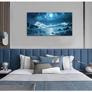 Blue Ocean Waves Landscape Wall Art, Beach Moon Sea Waves Night View Modern Canvas Wall Painting For Living Room Bedroom Office Bathroom Birthday Gift Home Decor 20X40 Inch