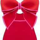 FLAXMAKER Bow Front Cut Out Color Block One Piece Swimsuit and Skirt, S