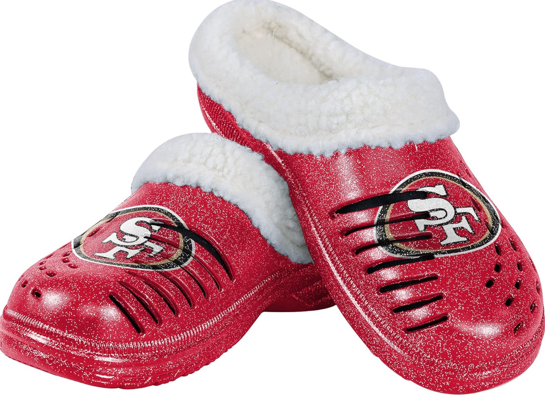 FOCO Women's NFL Team Logo Sherpa Lined Glitter Shoes Slipper Clogs, Large 9/10