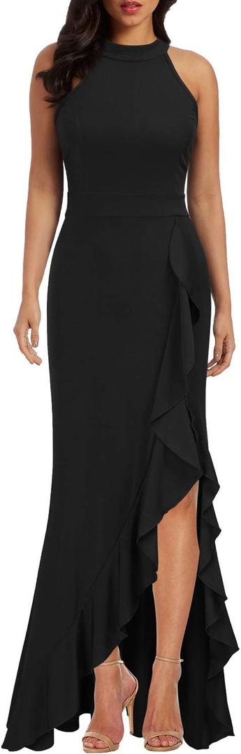 WOOSEA Women's High Neck Split Bodycon Mermaid Evening Cocktail Long Dress (L)