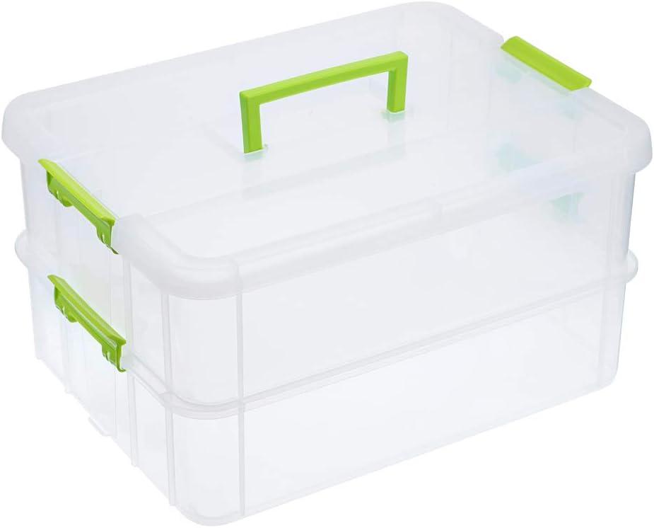 JUXYES 2-Tiers Stack Carry Storage Box With Handle, Transparent Stackable Storage Bin With Handle Lid Latching Storage Container for School & Office Supplies (Green)
