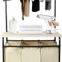 tonchean Laundry Hamper, 3 Section with Ironing Board, Removable Hanging Bar & Bags, Rolling Laundry Cart, 59"H x 29"L x 17"W, Yellow