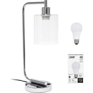 Simple Designs LD1066-CHR-LB Industrial Vintage Bronson Iron Lantern Desk Table Lamp with USB Port and Glass Cylinder Shade for Office, Living Room, Bedroom, Chrome, with Feit LED Bulb Included
