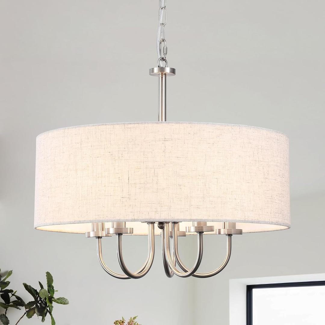 Drum Modern Chandeliers for Dining Room Light Fixture 5 Lights Brushed Nickel Chandelier with Linen Lampshade 19 Farmhouse Chandelier Large Pendant Lighting Fixtures for Foyer Entryway Kitchen
