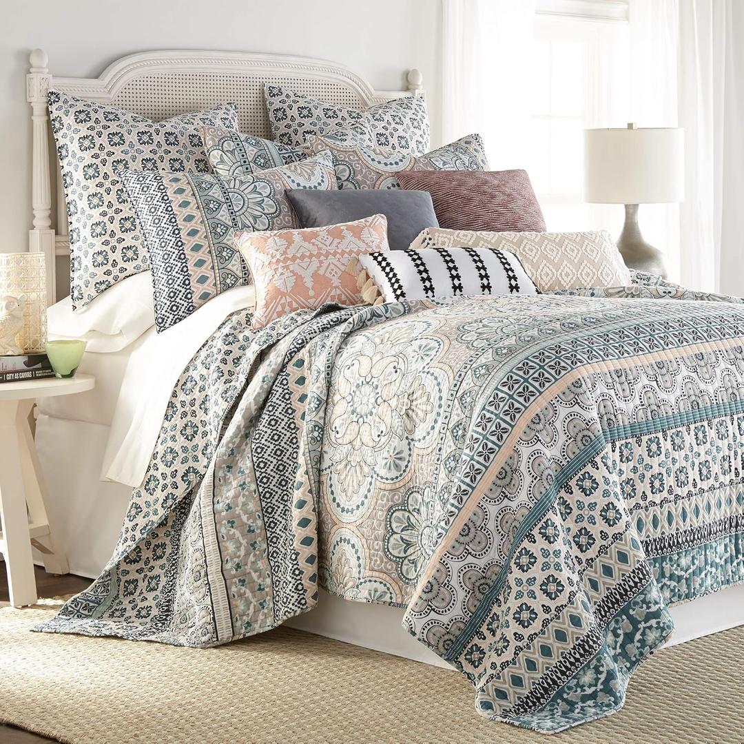 Levtex Home Addie King Quilt Set, Floral, 100% Cotton, White, Teal, Blush, Grey