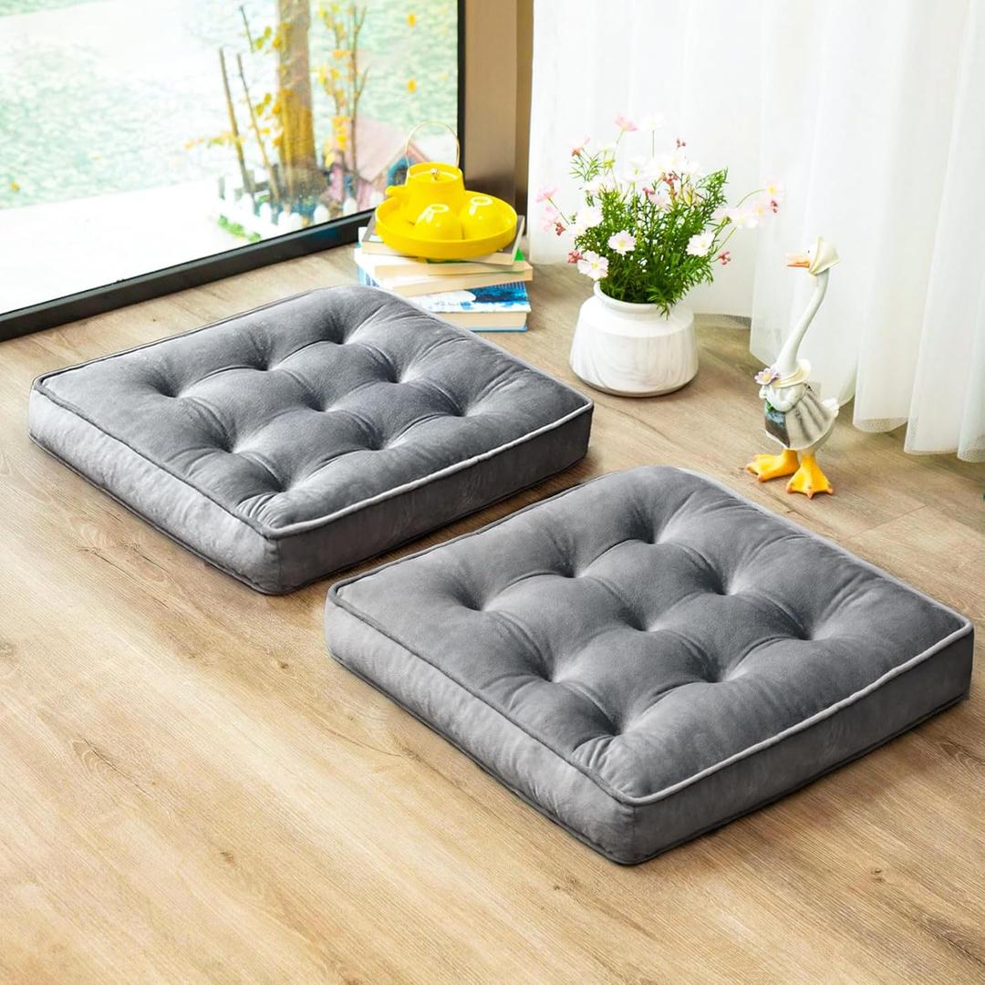 2 x 1 MIDDLE ONE Floor Pillow Set of 2, Memory Foam Meditation Cushion, Floor Cushions for Adults Sitting, Large Square Seat Cushions for Yoga, Living Room, 20x20 Inch (Grey)