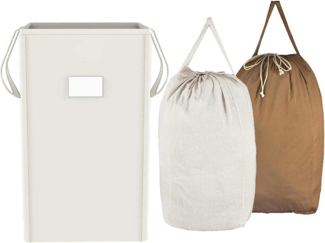 MCleanPin 210L Laundry Hamper Collapsible with 2 Washable Laundry Bags, Dirty Clothes Hamper,Laundry Basket with Handles Foldable Hamper Dorm Laundry Basket for College (Cream White)