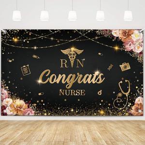 MEHOFOND Congrats Nurse Banner RN Graduation Party Decorations Nurse Graduation Class of 2025 Floral Black and Red Nursing School Graduation Party Decoration Banner Photo Booth Props 7x5ft