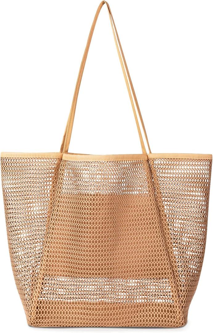 Iioscre Mesh Beach Bag for Women, Hobo Pool Bags with Wide Shoulder Straps & Zipper Inner Pocket, 23L Swim Bag for Vacation. (Khaki)