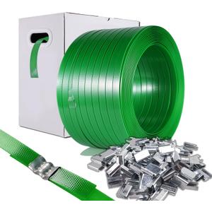 Packaging Strapping, Pallet Strapping, Banding Strapping Coil (5/8" x 1500 ft x 0.035" PET Polyester Strapping and 100 Buckles) - Heavy-Duty Certified 1200 lbs Break Plastic Strap