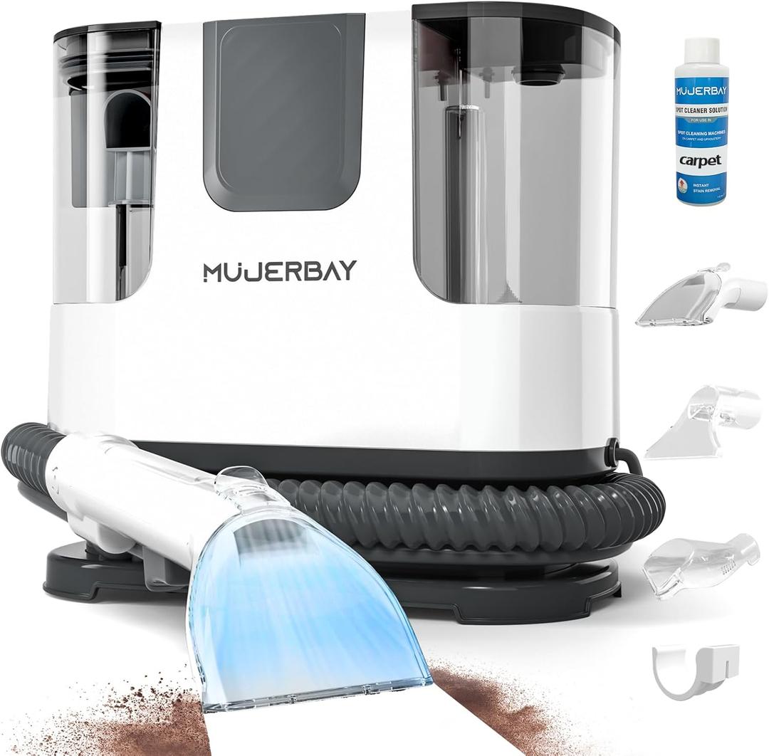 Upholstery Carpet Cleaner, MUJERBAY 12Kpa Portable Spot and Stain Cleaner, Easy Move with Universal Wheels & Handle, 1.18-inch Deep Cleaning Machine for Couch, Stairs, Car and Pet Messes. Green