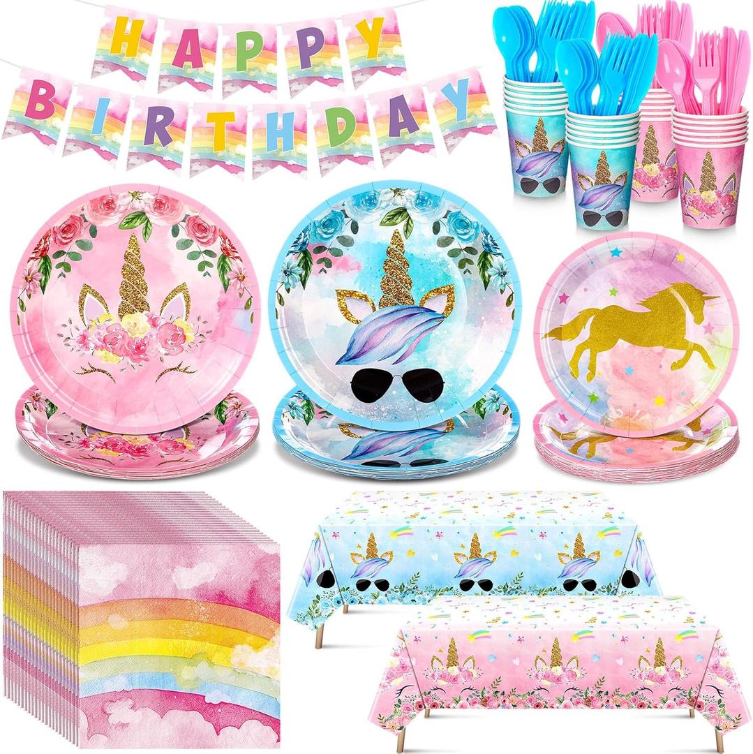 Sliner 171 Pcs Unicorn Birthday Party Supplies Tableware Kit Include Plates Cups Knives Forks Spoons Napkins Tablecloths and Banner for Birthday Unicorn Party Decorations, Serve 24 Guests