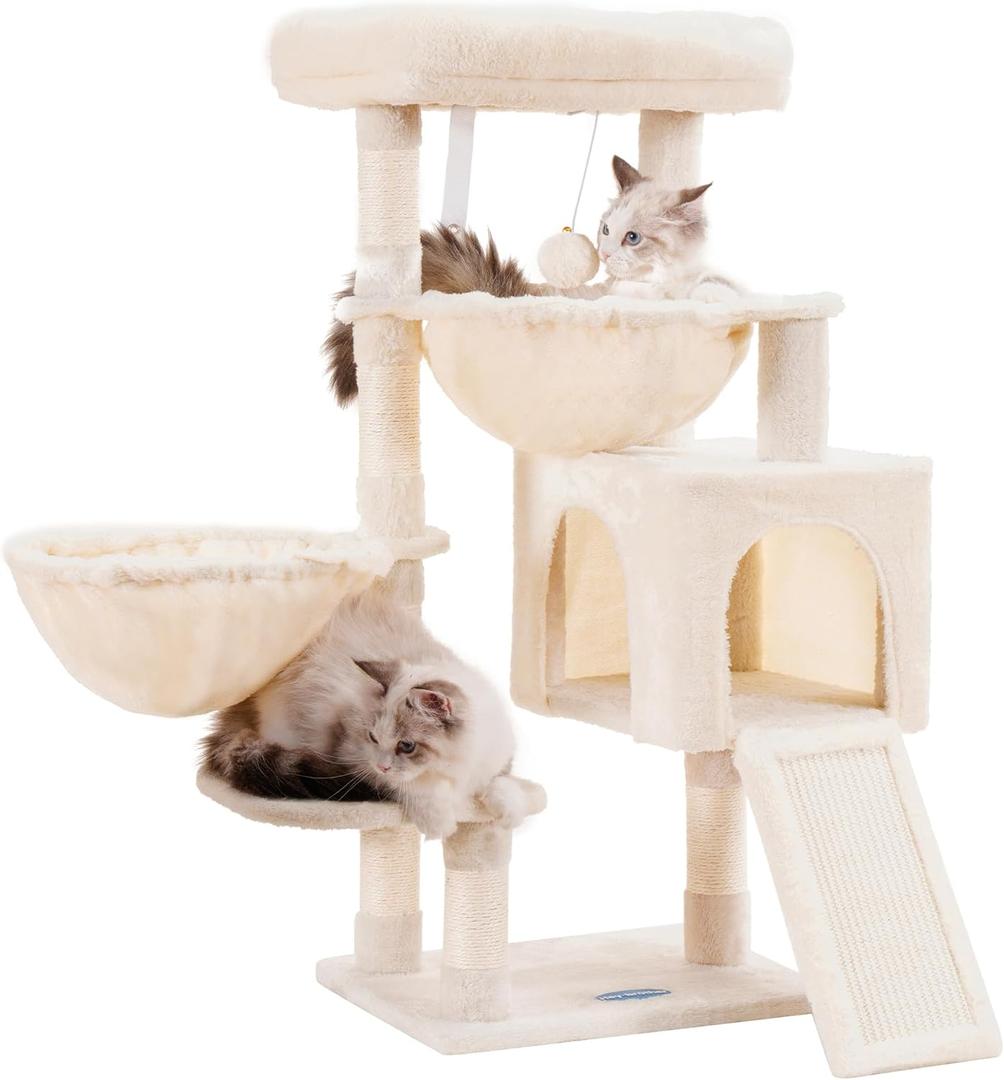 Hey-brother Cat Tree, Cat Tower for Indoor Cats, Cat House with Large Padded Bed, Cozy Condo, Hammocks, Sisal Scratching Posts, Big Scratcher, Beige MPJ006SM (35.4 inch)