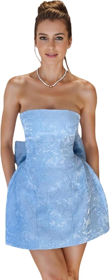 JUMISEE Embroidery Satin Homecoming Dress with Bow Modest Strapless Mini Dresses A Line Short Prom Dress Party Gown (Blue, M)