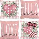 Valentines Day Throw Pillow Covers, Hello Valentine Love You More Eucalyptus Leaves 16 x 16 Inch Buffalo Plaid Polka Dot Stripes Love Hearts Cushion Case Decoration for Sofa Couch Set of 4 Pink