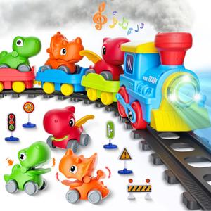 Train Set for Toddlers w/Steam, Music & Lights - Electric Train Toys for Kids w/Tracks Accessories, Including 3 Dinosaur Car and 3 Trailer; Gifts for 1-3 4 5 6+ Years Old Boys Girls