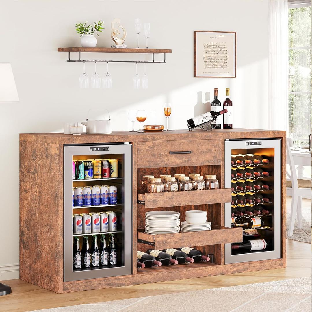 Large Coffee Bar Cabinet with Fridge Space, Mini Fridge Cabinet with Power Outlets and Wine Rack, Farmhouse Design Liquor Cabinet for Living Room, Kitchen, Entryway, Rustic Brown (63 inch)