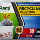 PAMI Recycling Tall 13-Gallon Kitchen Drawstring Trash Bags- Extra-Strong Plastic Garbage Bags [Clear 60 Pack]- Thick Trash Can Liners For Kitchen & Outdoor Bins- 2ft x2ft Unscented Trash Bags
