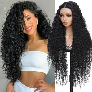 Curly Wig for Women long Black Curly Wigs 34inch 13x4x1 HD Lace Front Wigs Synthetic Middle Part Wig Upgraded Premium Human-Hair-Like Fiber Curly Wigs for Daily Party Use (Black)