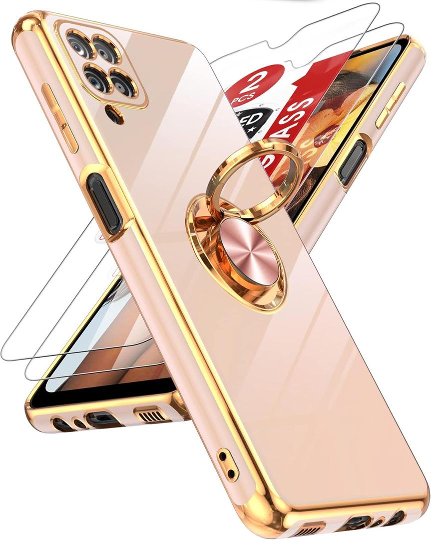 LeYi for Samsung Galaxy A12 Phone Case: with Tempered Glass Screen Protector [2 Pack] 360 Rotatable Ring Holder Magnetic Kickstand, Plating Rose Gold Edge Cell Android Case Cover A 12, Pink