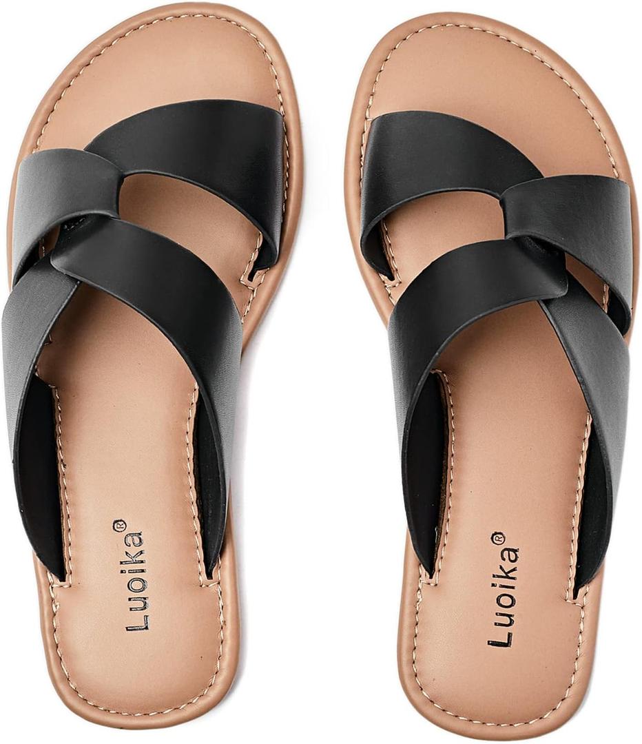 Luoika Women's Wide Width Flat Slides Sandals, Strapy Slide Sandal Slip on Dressy Summer Shoes for Women. (10 X-Wide, Black 901)