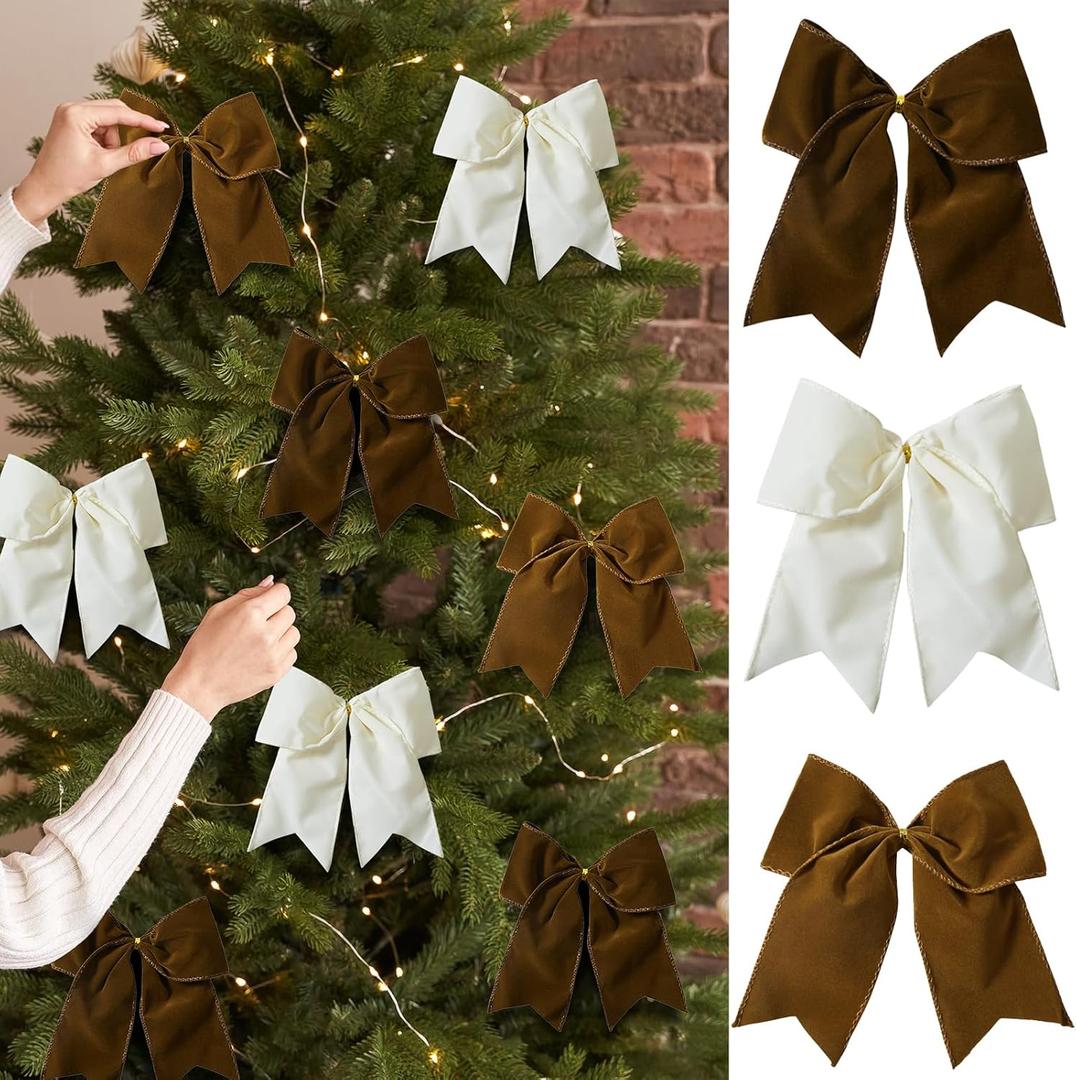 15 Pcs Velvet Bows for Christmas Tree - 6 Inch Vintage Velvet Ribbon Christmas Bows for Gift Wrapping Xmas Tree Topper Bow Ornaments for Garland Wreath Bows Decor (Cream,Brown)