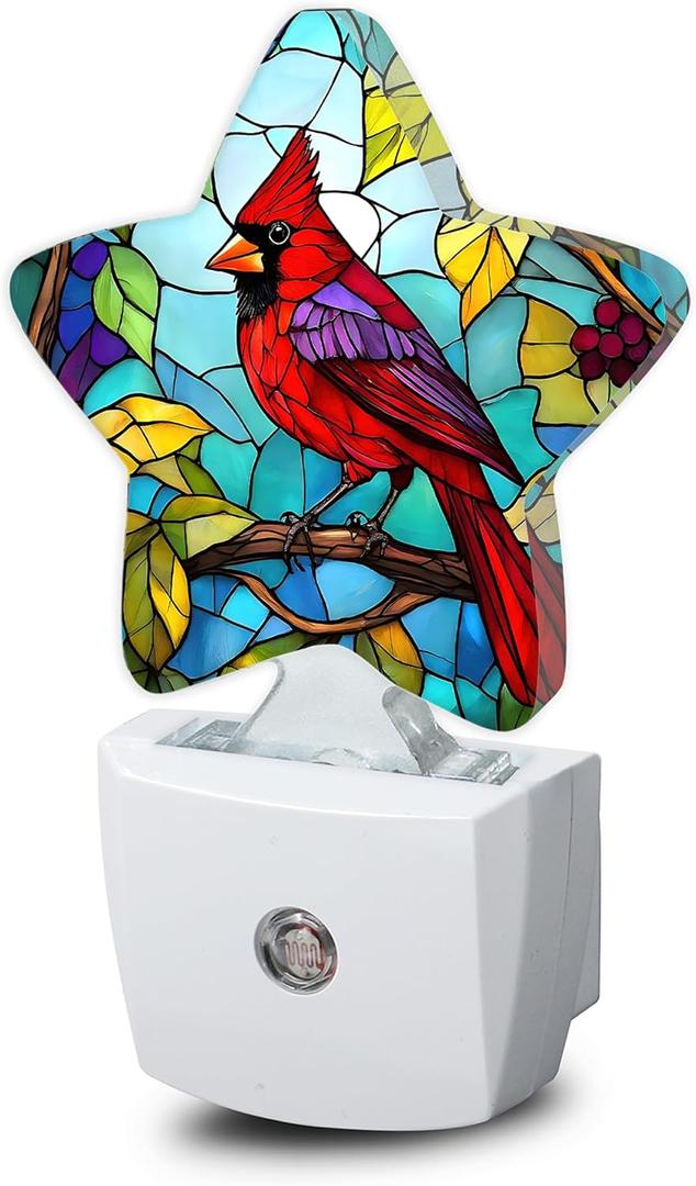 Cardinal Bird Night Light,Christmas Stained Glass Plug-in Star Night Lights with Dusk-to-Dawn Sensor for Bedroom,Bathroom,Living Room Sleep Friendly Lamp for Women Girls Boys Gift,0.5W