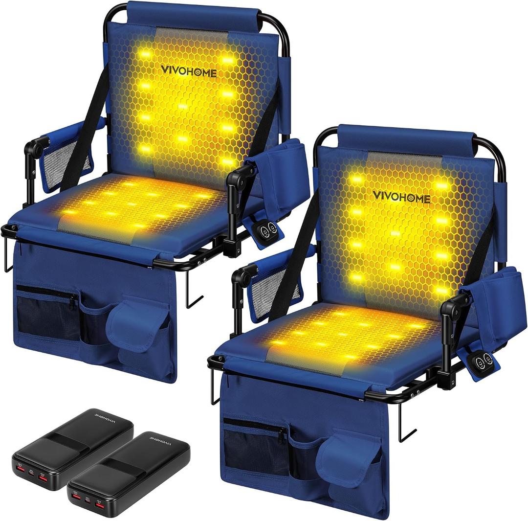 VIVOHOME 35W Padded Heating Stadium Seats with 20000mAh Power Bank, 2 Pack Heated Bleacher Chairs with Back Support, 3 Levels of Heat, Comfortable for Various Sports Events