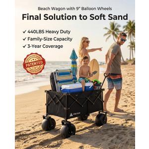 Hikenture Beach Wagon with Balloon Wheels, 9" PU Tires Collapsible Wagon, 440lbs Heavy Duty Beach Cart with Big Wheels for Sand, Large Capacity Utility Wagons Carts Foldable