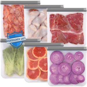 Lerine 6 Pack Reusable Gallon Freezer Bags Dishwasher Safe, BPA Free Reusable 1 Gallon Bags Silicone, Leakproof Food Storage Bags for Marinate Meats, Cereal, Vegetables, Home Organization (Gray)
