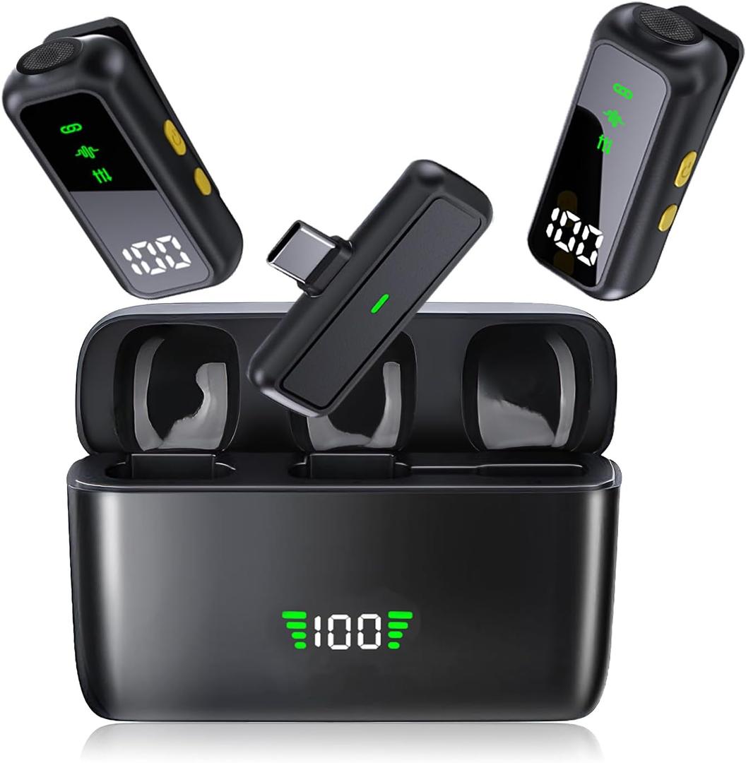 Wireless Lavalier Microphone for iPhone/Android, Noise Reduction, USB-C Plug and Play Mini Lapel Mic Clip on Microphone Wireless 2 Pack, Ideal for Content Creator, Video Recording, Vlogging, Streaming