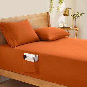 Horbaunal Extra Deep Pocket Queen Fitted Sheet Only - Fits Up to 24 Inch Mattress - Luxury 1800 Thread Count - Microfiber Burnt Orange Fitted Bed Sheet Queen Size
