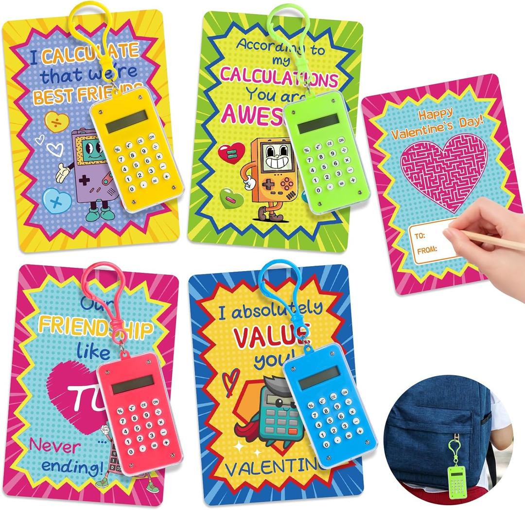 24 Packs Valentine's Day Cards with Pocket Size Mini Calculators & Maze Keychains for Classroom Exchange, Valentine's Gifts Party Favors for Boys Girls School, Prizes for School