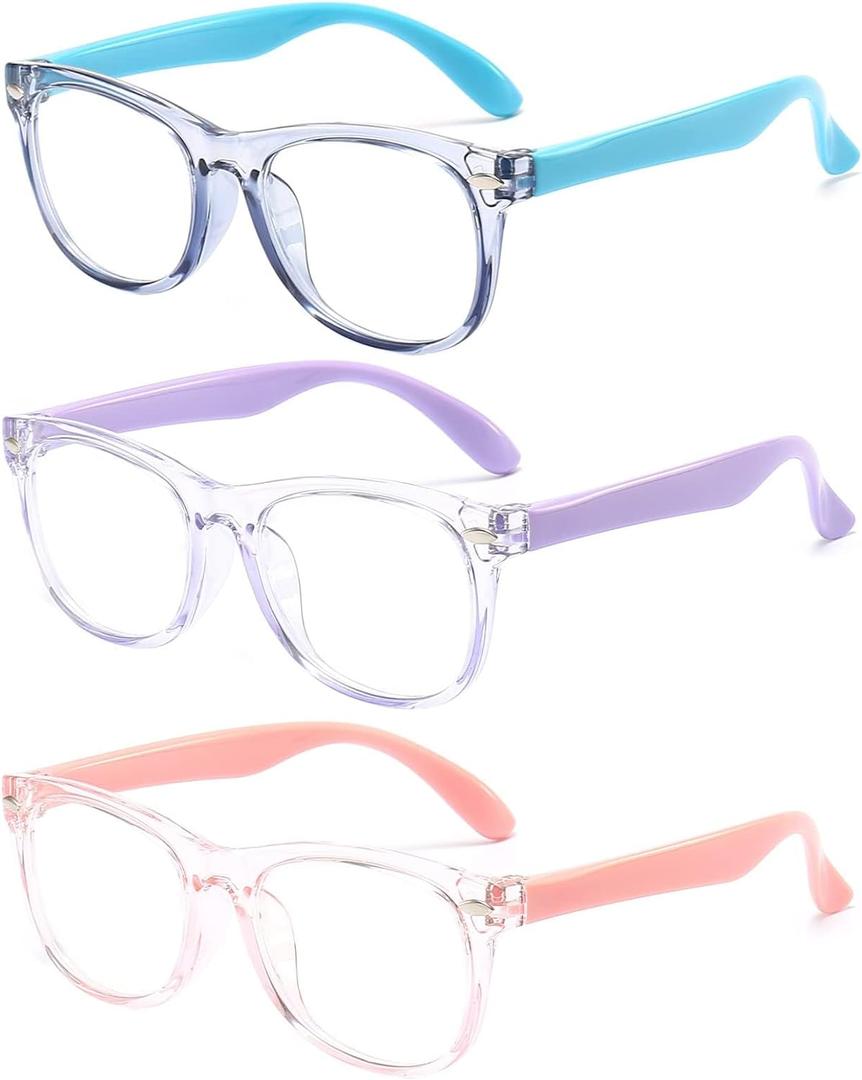FANNYGO 3 Pack kids Blue Light Blocking Glasses for girls boys Computer Blue Light Blocking Glasses For Age 3-9 (Light blue + Light purple + Light Pink)