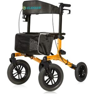 ELENKER All-Terrain Rollator Walker with Non-Pneumatic Tire 12 Front Rubber Wheels, Compact Folding Design for Seniors (Orange)