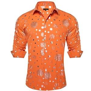 DiBanGu Orang Christmas Dress Shirt for Men Xmas Holiday Party Shirts Long Sleeve Fun Snowflake Casual Button Down Shirt 2XL