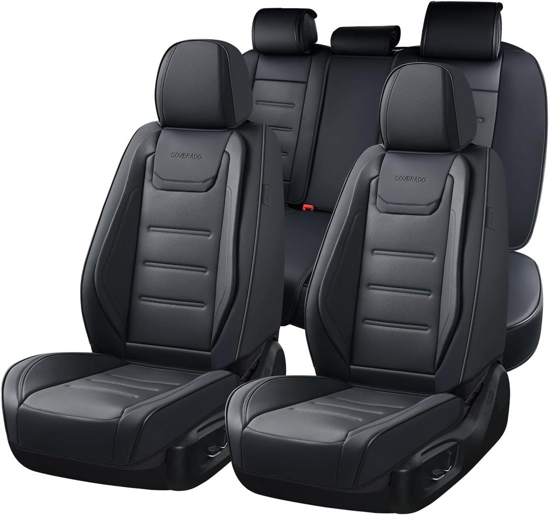 Coverado Car Seat Covers Full Set, Seat Covers for Cars, Car Seat Protector Waterproof, Leather Car Seat Cushion, Universal Interior Covers Seat Protectors for Most Cars Black