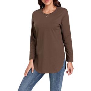 Women's Casual Cotton Sleeveless/Long Sleeve T Shirt Round Neck Basic Loose Tunic Tops (Brown, M)