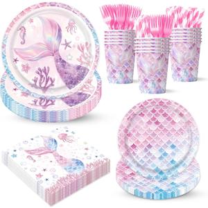 Mermaid Themed Party Decorations Supplies Little Pink Mermaid Party Tableware Set Include Plates, Cups, Napkins,Cutlery and Straw for Baby Shower, Birthday Party Decorations Serves 24