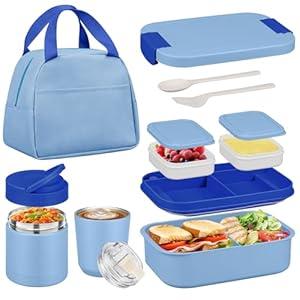 Bento Lunch Box Set with 10.5oz Soup Thermo Food Jar, Stainless Steel Leak-proof Lunch Container with 4 Compartment, Coffee Tumbler with Lunch Bag for Adults Kids School Travel Office-Blue