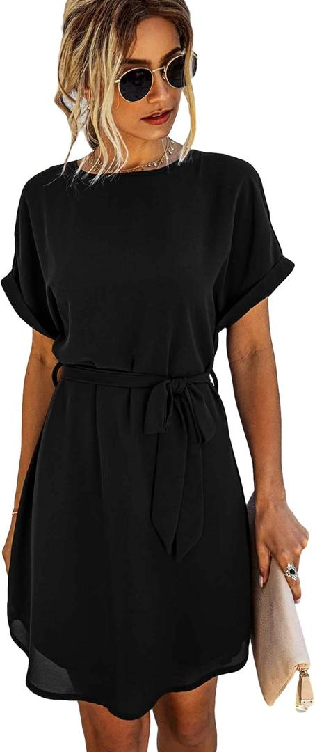 SHENHE Women's Casual Short Sleeve Round Neck Self Belted Straight Mini Dress (Medium, Black)