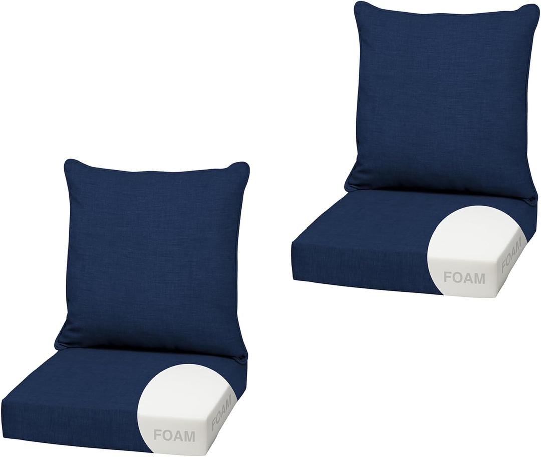 Arden Outdoor Foam Deep Seat Cushion (2-Pack), 22x24, Premium High-Density Foam, Never Flattens, Weather-Proof for Patio Chair Sofa Couch, Sapphire Blue Leala, Certi-Pur Foam