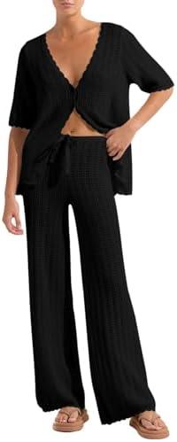 Imily Bela Women's Summer 2 Piece Swimsuit Cover up Crochet Knit Cardigan Tops Long Pants Set Bathing Suit Beach Outfit L