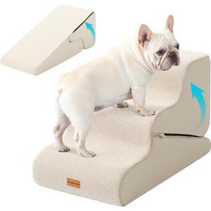 Gardner Pet Dog Stairs for Small Dogs 16.5" H, 2 in 1 Transformable 3-Step Pet Stairs and Dog Ramp for Couch (13-20 in), Beige Adjustable Pet Steps with Non-Slip Waterproof Cover and CertiPUR-US Foam